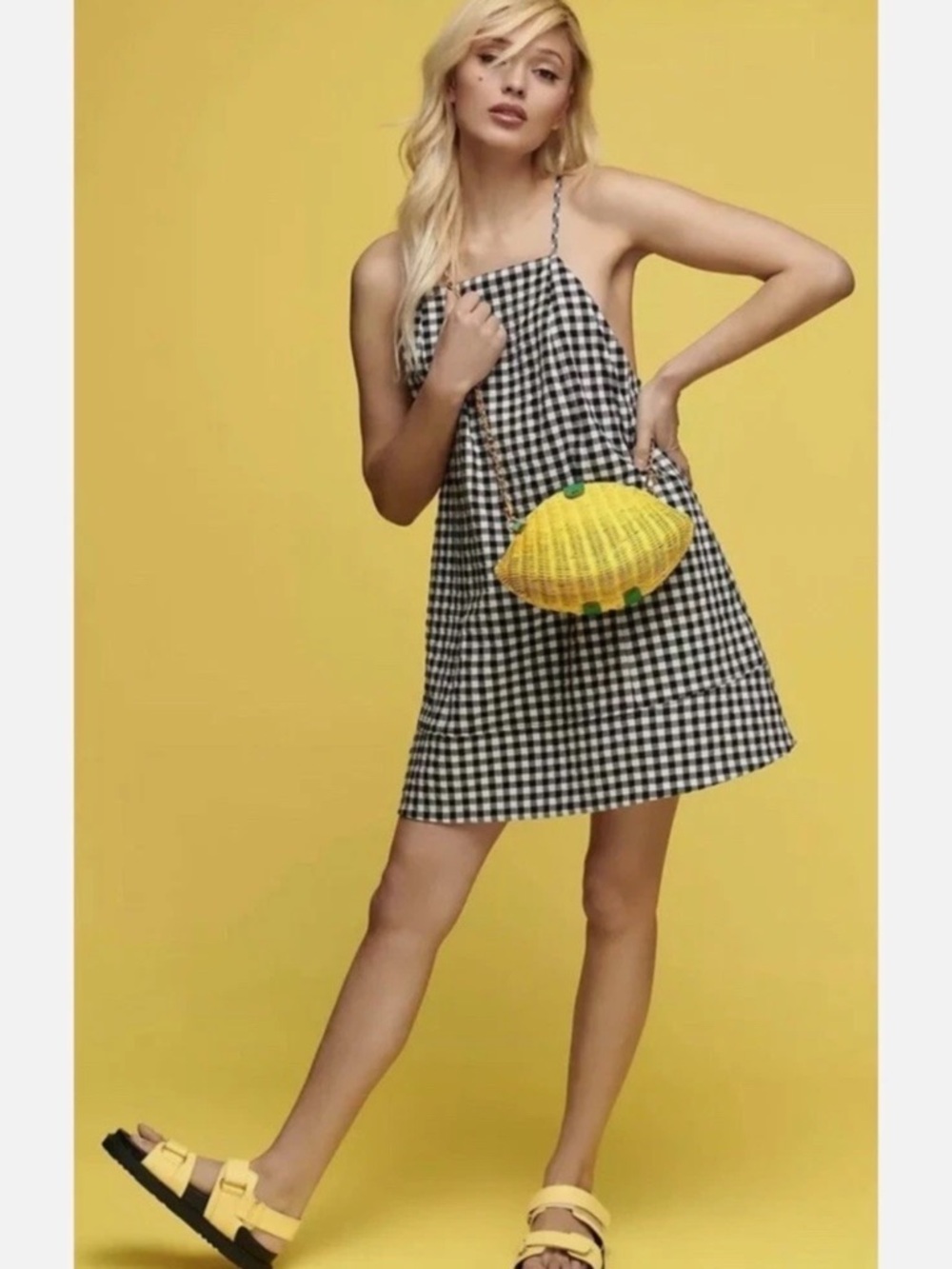 Anthropologie Apron Style Mini Dress Black White Check With Pockets Gingham XS